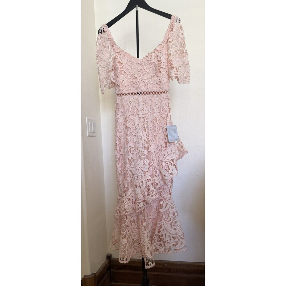 NWT Lulus Briarwood Blush Pink Lace Ruffled Midi Dress XS Wedding Guest Cocktail